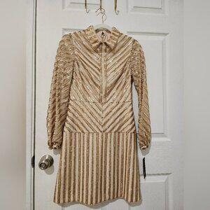 Aidan Mattox Gold and Cream Long Sleeve Dress